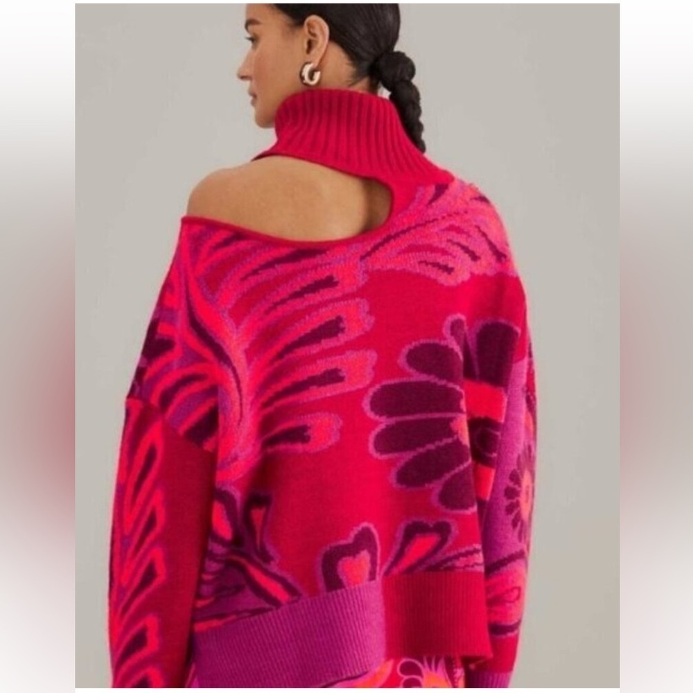 Farm Rio Vibrant Floral Cable Knit Sweater Pink Botanical Print Size Medium - Picture 2 of 13
